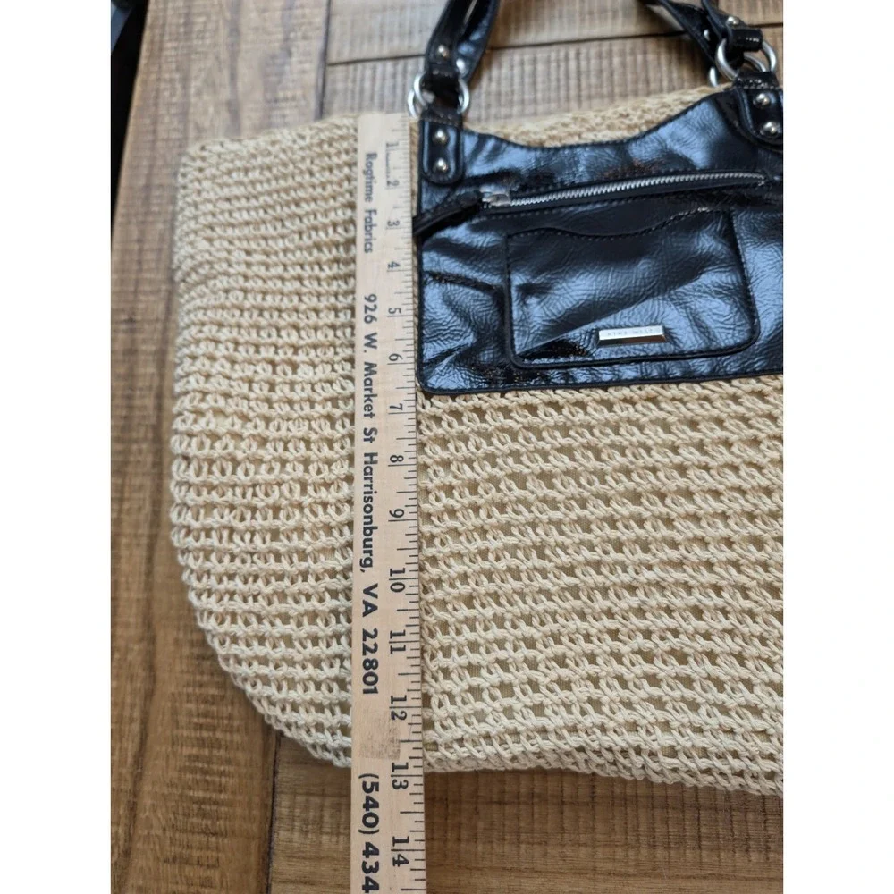 Nine West Open-Weave Crochet Straw Tote Bag w/Faux Patent Leather & Attached Bag
